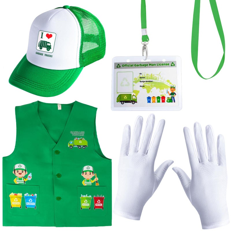 Yewong Kids Waste Management Garbage Truck Costume Accessories Recycle Trash Vest Tucker Hat Gloves ID Card for Career Day - Image 1